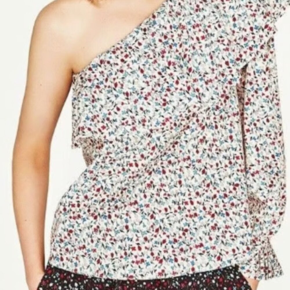 Zara One Shoulder Floral Ruffle Blouse Small - Blue & White Ditsy Print